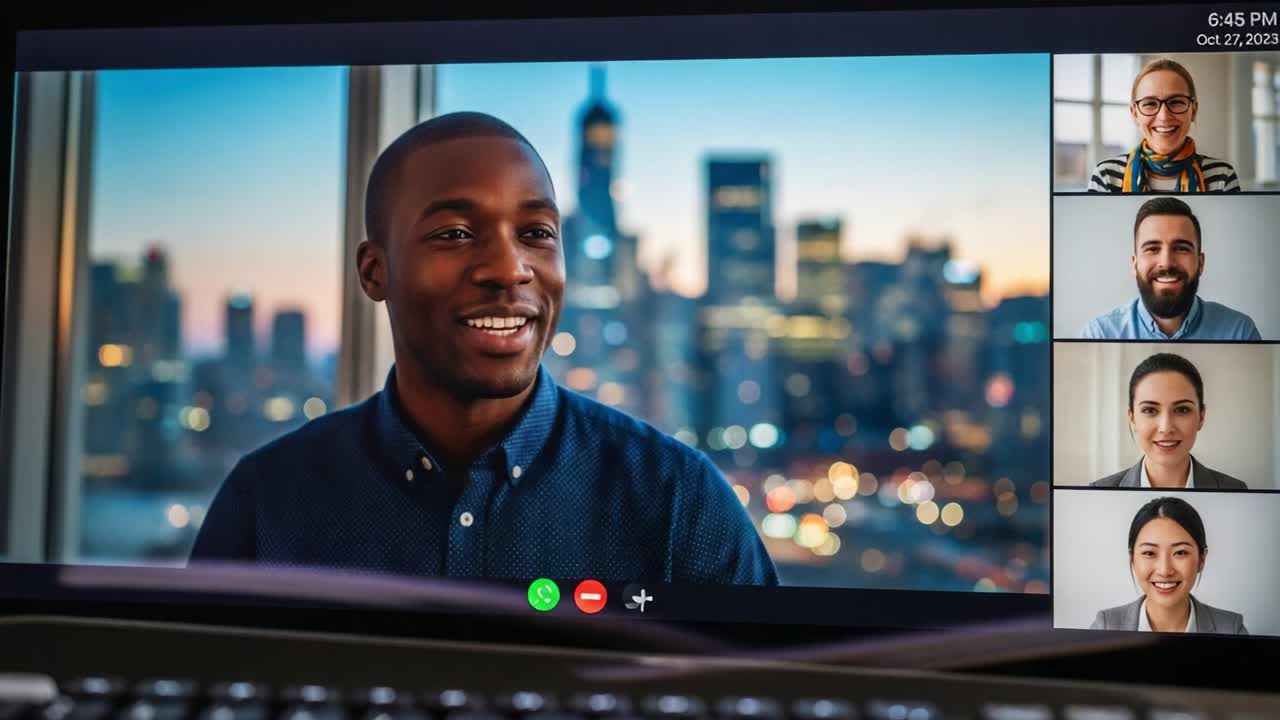 A Virtual Meeting Capture Featuring a Smiling Man in a Blue Shirt Against a City Skyline Background, Showcasing the Challenges and Connections of Remote Communication in Today's World