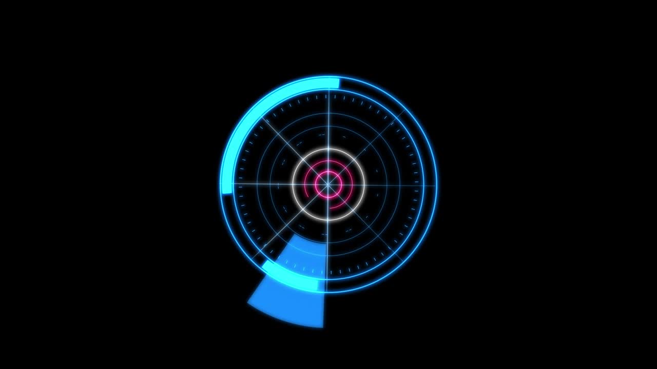 3개의 빛나는 색으로 hud 서클 인터페이스: hud는 통신 및 기술 개념을 위해 하색, 녹색 및 파란색으로 서클을 회전시니다.