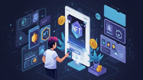 exploring the digital frontier: a young man interacts with a high-tech nft interface surrounded by virtual assets in a stunning futuristic setting