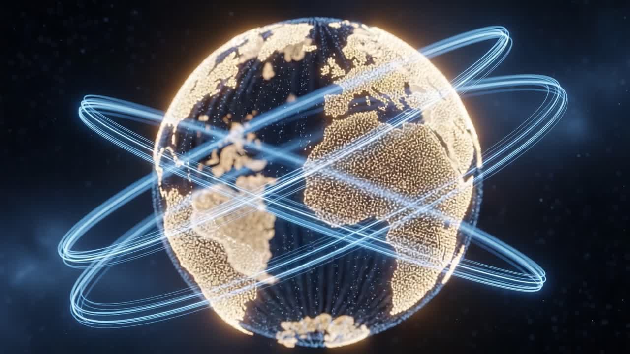 A Stunning Visualization of Earth Surrounded by Dynamic Light Trails, Representing Connectivity and Global Communication in a Modern Context