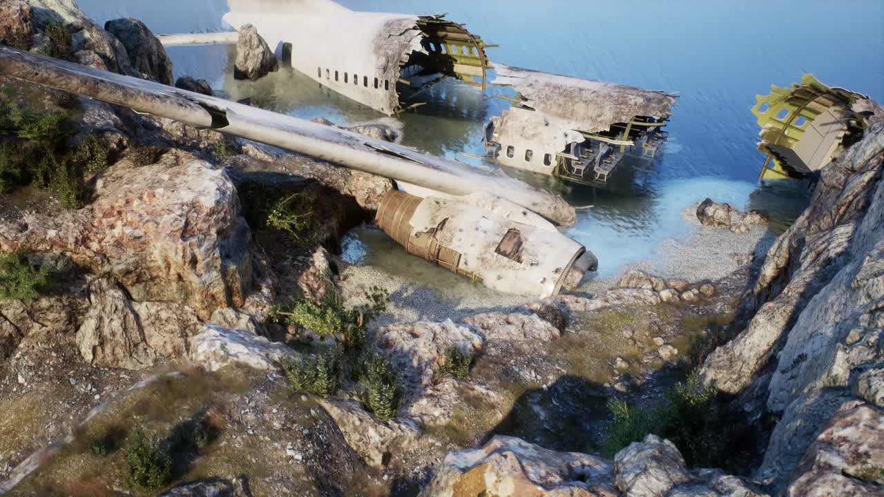 바위 가 있는 해안선 에 있는 비행기 잔해