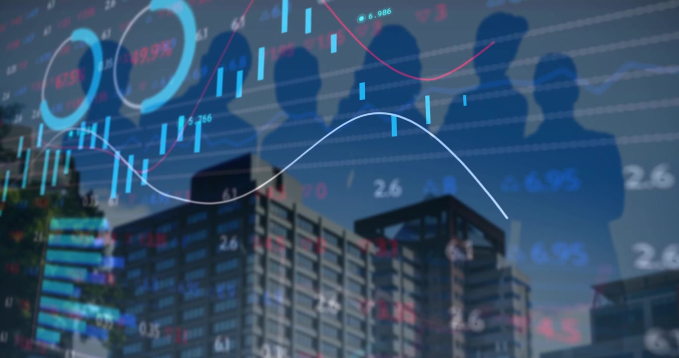 Animation af finansielle data og grafer over bybillede og menneskesilhuetter