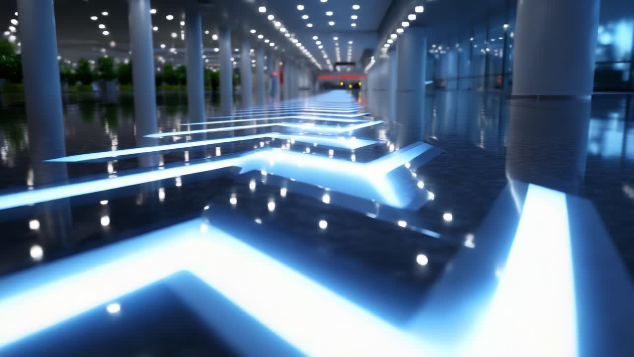 A Series of Illuminated Pathways: Captivating Light Patterns Reflecting Off the Floor in a Modern Indoor Space, Creating a Unique Visual Journey and Ambiance for Onlookers in a Sophisticated Setting