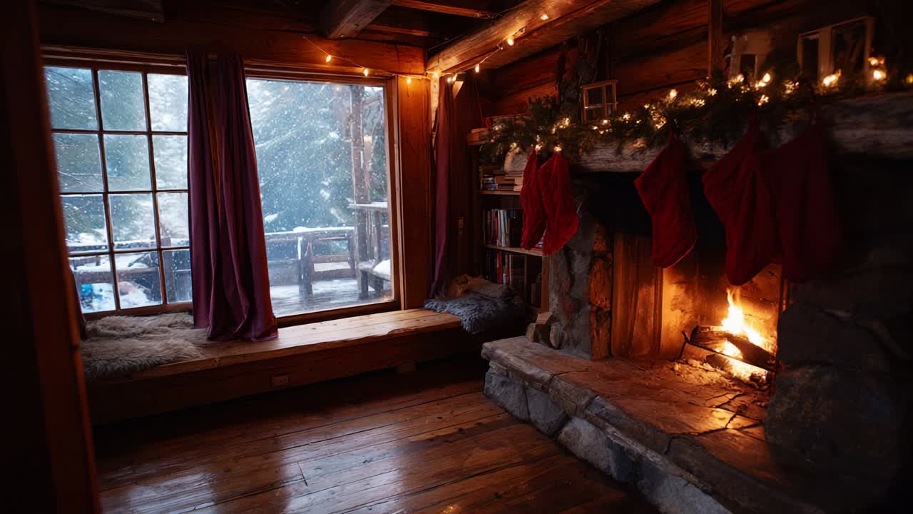 Cozy Winter Retreat Featuring a Warm Fireplace, Holiday Decorations, and a Scenic View of Snowfall Outside, Capturing the Comfort of a Cabin in the Heart of Nature During the Cold Season