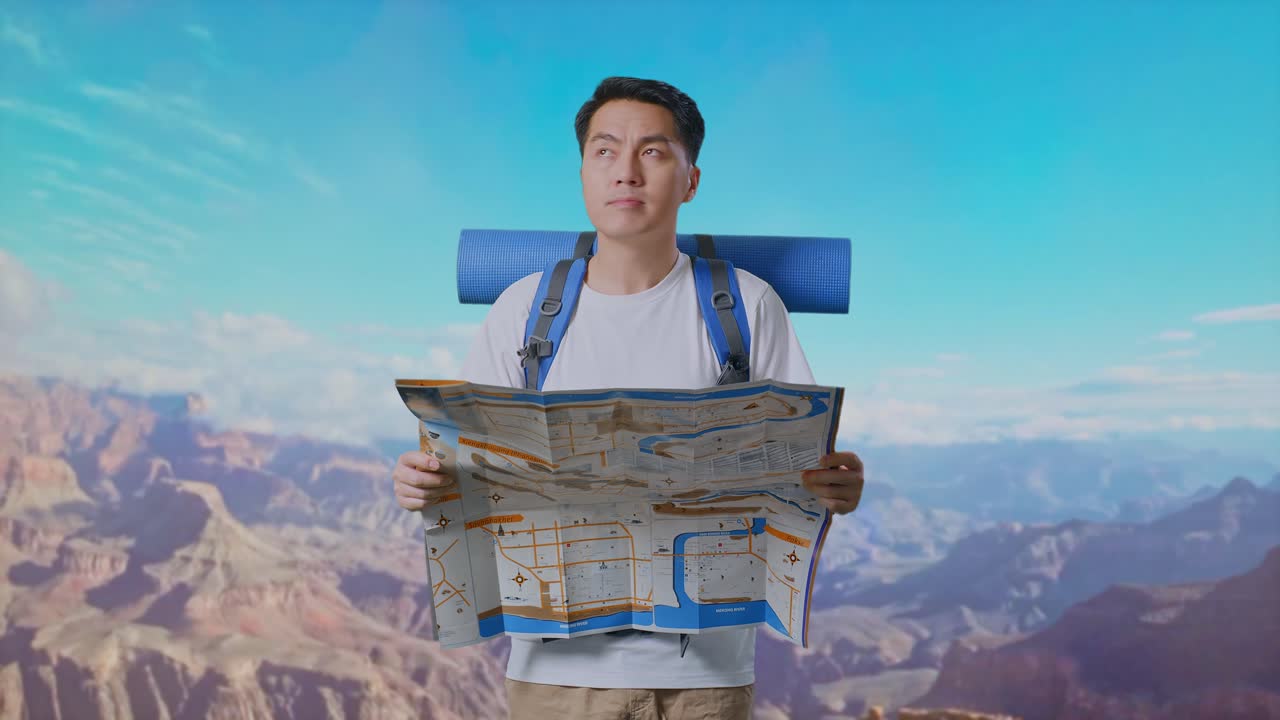 Asian Male Hiker With Mountaineering Backpack Looking At The Map Then Looking Around While Traveling At The Top Of Mountain