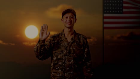 american soldier greeting at sunset