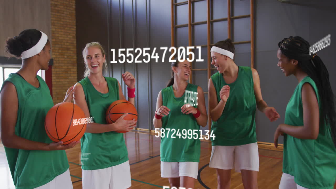 Female basketball players sharing laughs with balls on court displaying heart icon and health chart