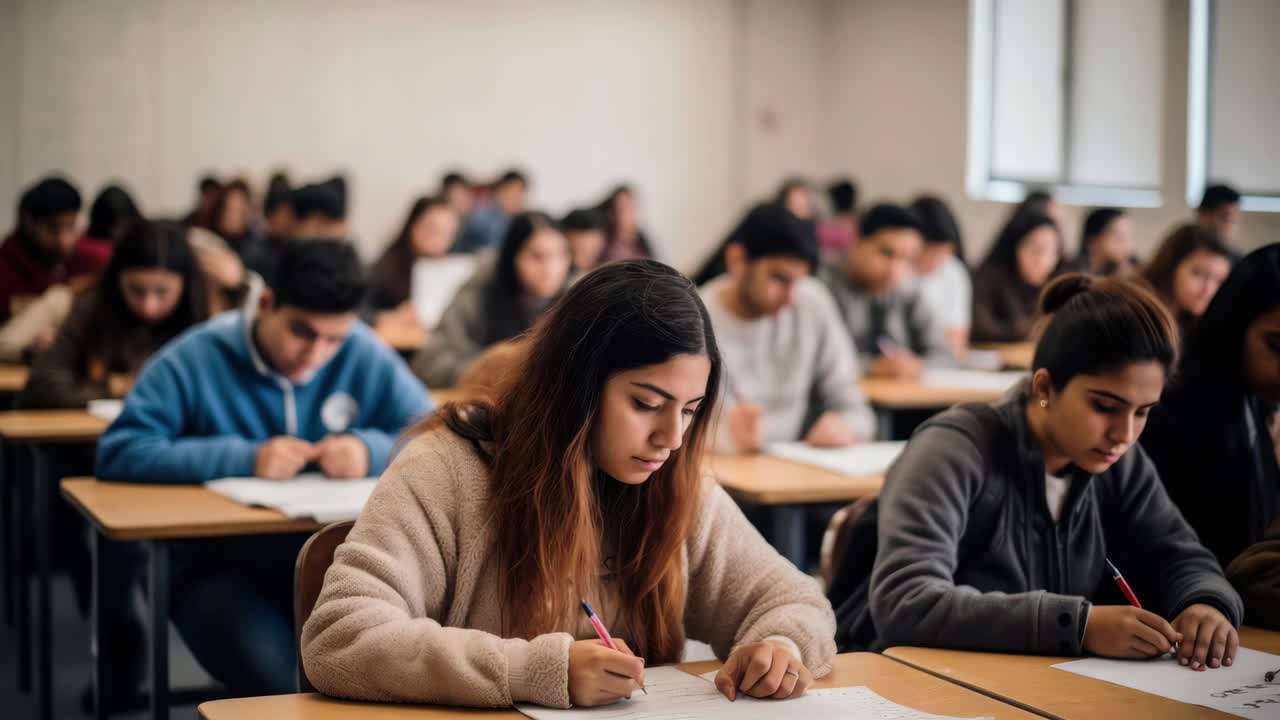 Video i fugleperspektiv af studerende, der er fokuseret på en eksamen i et klasseværelse, der fanger koncentrationen