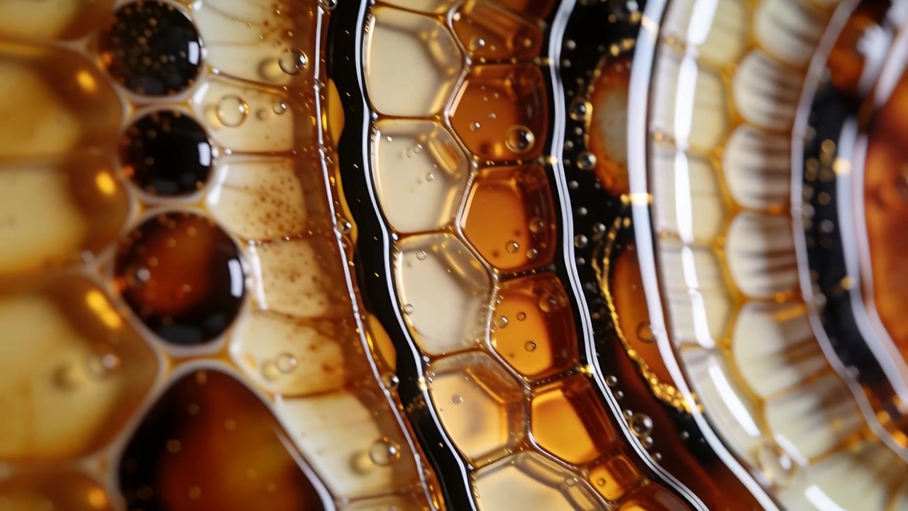 Telecamera panoramica che rivela strati di liquido viscoso che scivolano e si rimodellano in un vassoio da studio, con goccioline.