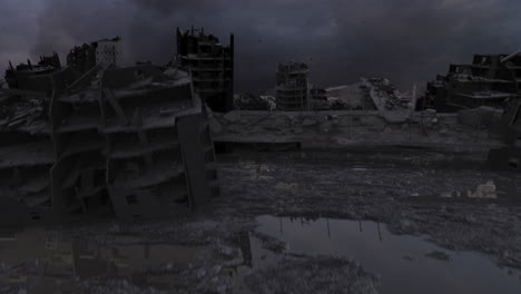 ruined cityscape under a stormy sky