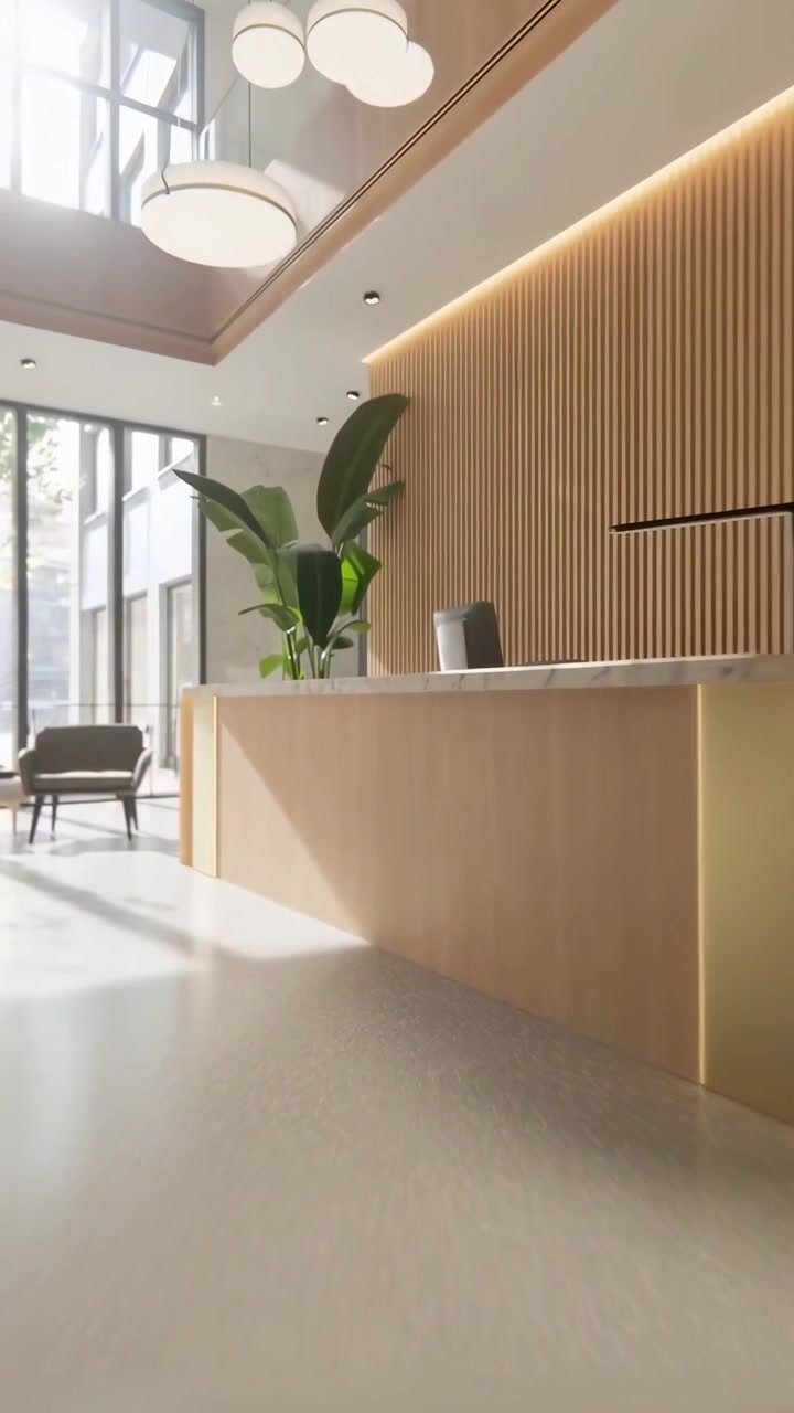 Moderna reception per uffici con accenti in legno