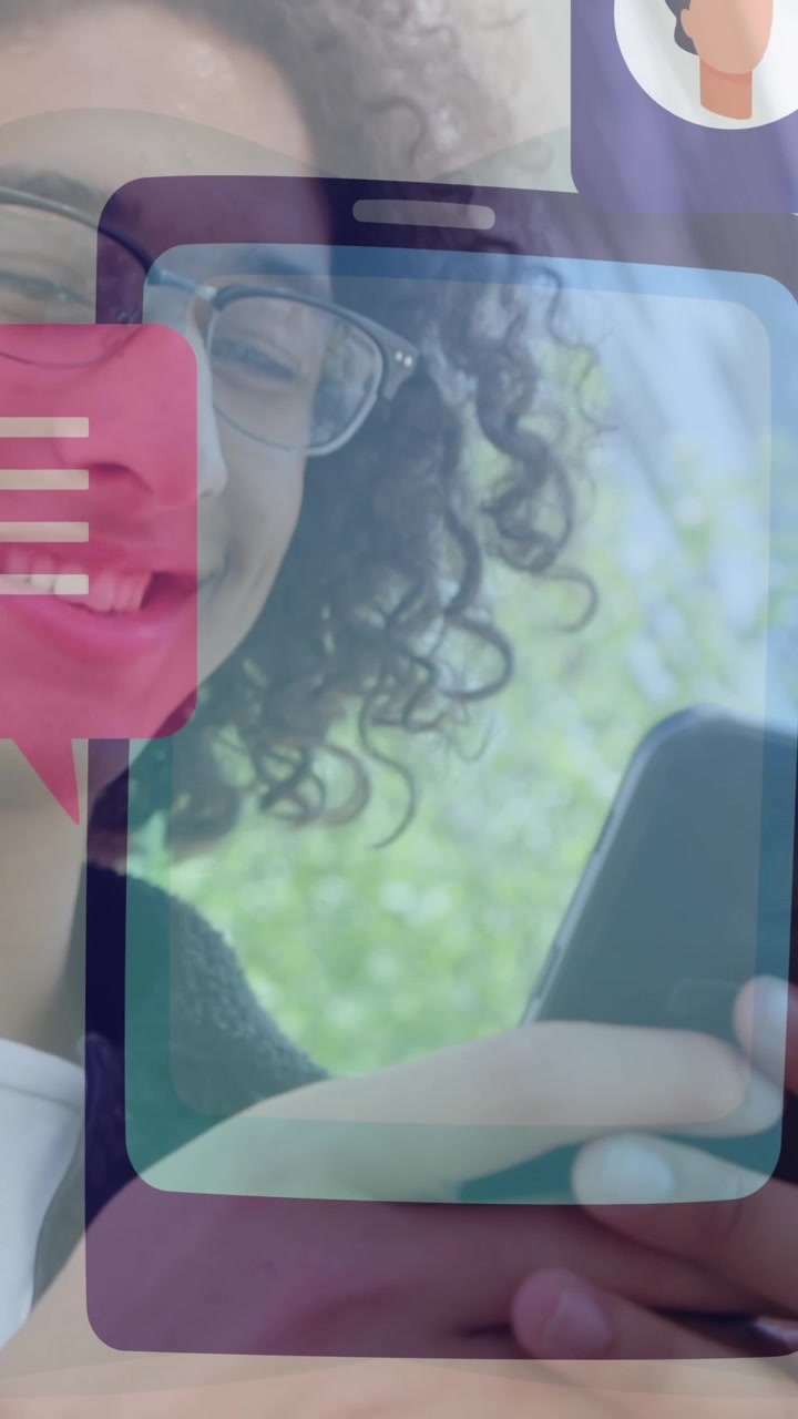 Animation of message box icons over cellphone against smiling man typing on cellphone