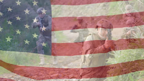 animación de la bandera de los estados unidos sobre varios soldados con armadura