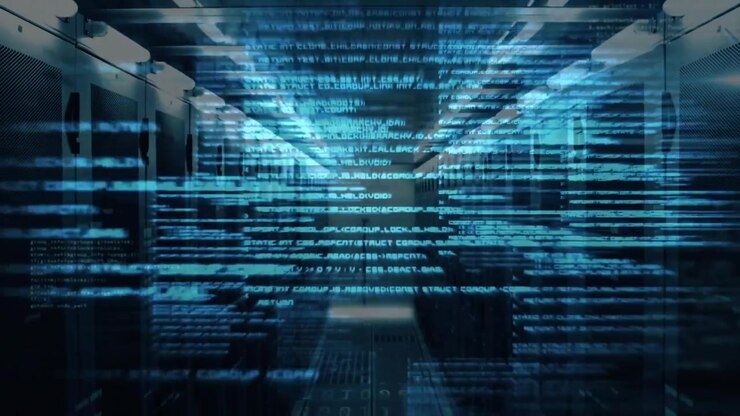 Blue code sliding through server corridor, intensifying into tunnel then receding to show data flow