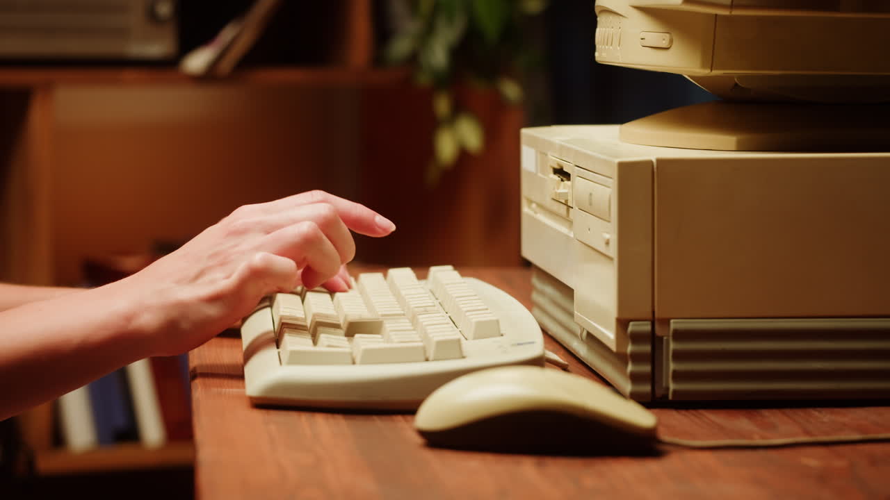 Person typing on an old computer