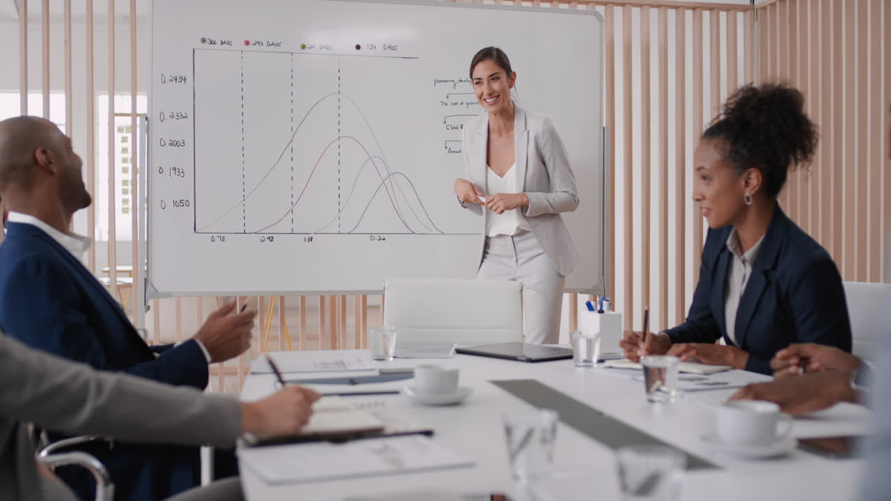 professional business woman team leader presenting strategy on whiteboard meeting with colleagues sharing creative ideas for startup project brainstorming in office presentation