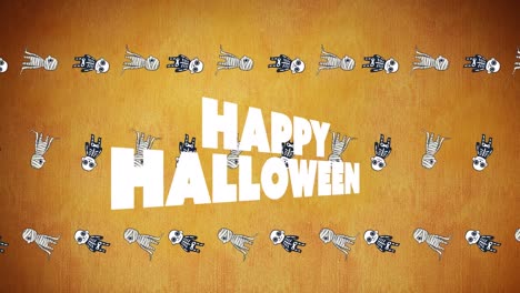 Animation-Von-Halloween-Grüßen-Und-Schwebenden-Mumien-Auf-Orangefarbenem-Hintergrund