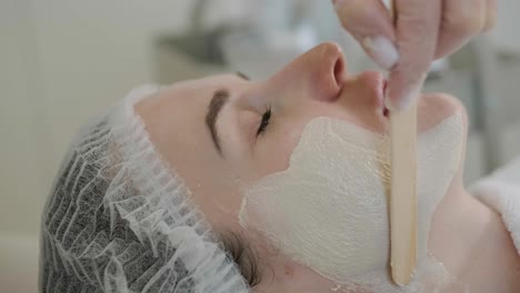 cosmetologist doing face treatment and applying face mask