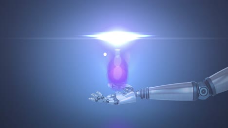 Animation-of-illuminated-light-bulb-over-hand-of-robot-arm,-with-moving-light-on-dark-background