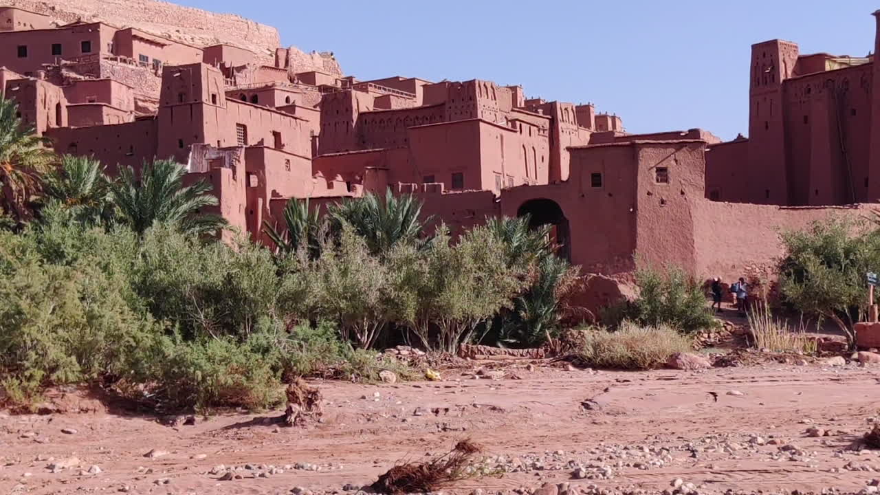 Old Kasbah Village Of Ait Benhaddou In Desert Of Morocco. wide, zoom-out shot