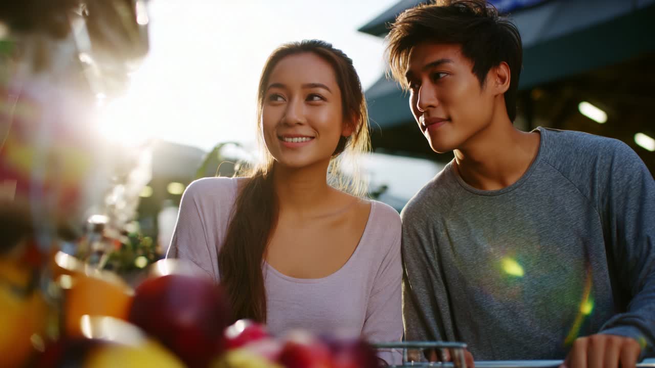 A Beautiful Moment of Connection: Two Young Friends Enjoying Their Time Together While Shopping for Fresh Fruits at a Vibrant Market Setting Surrounded by Colorful Produce