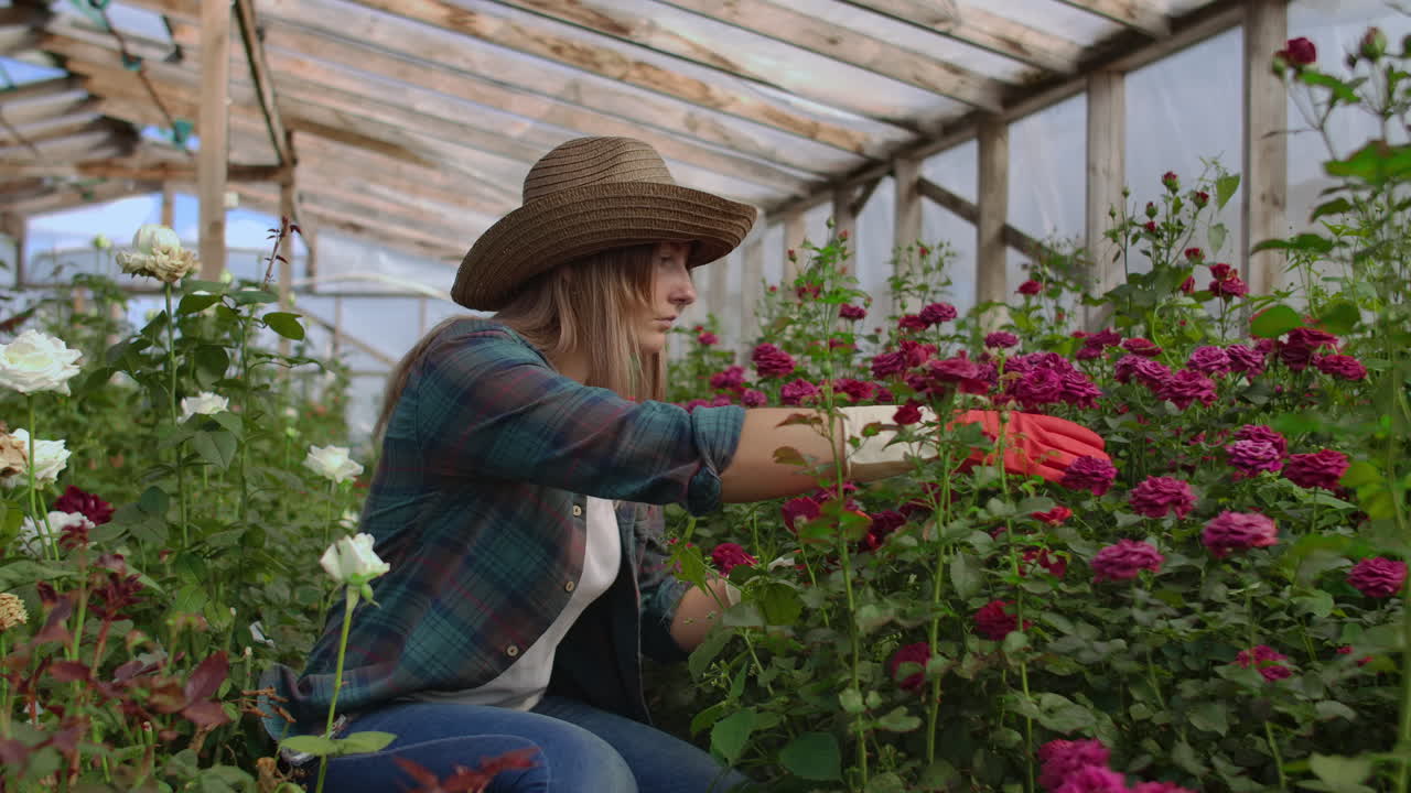 Una giovane fiorista si prende cura delle rose in una serra, seduta con i guanti, esaminando e toccando i boccioli dei fiori con le mani