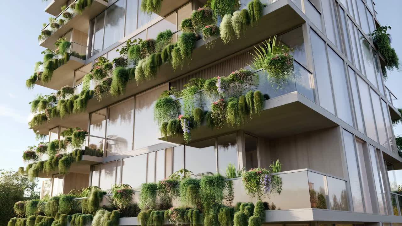 Modern building with balconies covered in greenery