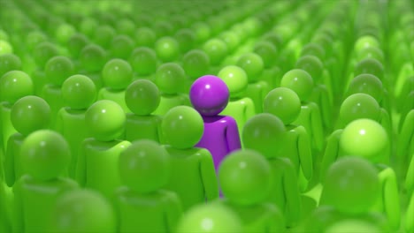 purple individual in a green crowd