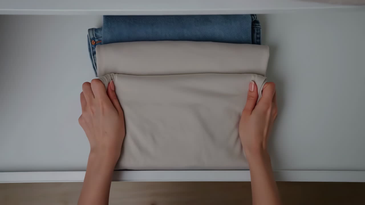 Hands Folding Clothes Neatly into a Drawer