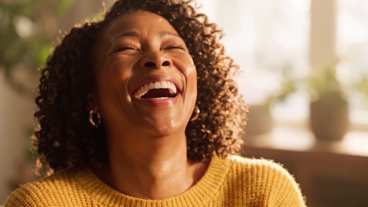 A joyful moment captured in warm light, showcasing a smiling woman with beautiful curly hair dressed in a cozy sweater, radiating positivity and warmth.