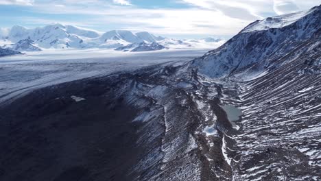 Aerial-view-of-Viedma-Glacier-and-Viedma-Lake-full-of-icebergs-in-Southern-Patagonian-Ice-Field-during-Huemul-Circuit,-El-Chaltén,-Argentina---Lago-Viedma