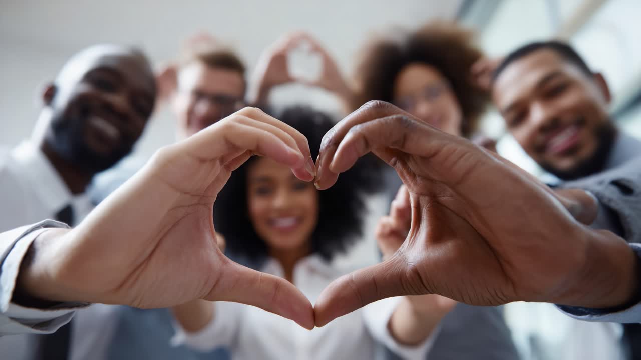 A Diverse Group of People Forming Hearts with Their Hands, Celebrating Unity, Love, and Togetherness in a Vibrant Professional Setting with Smiles and Positive Energy