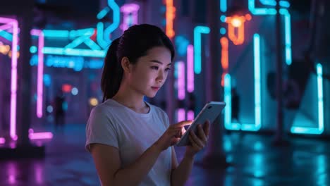 a young woman engrossed in her smartphone surrounded by vibrant neon lights at night, capturing the essence of urban technology and connection