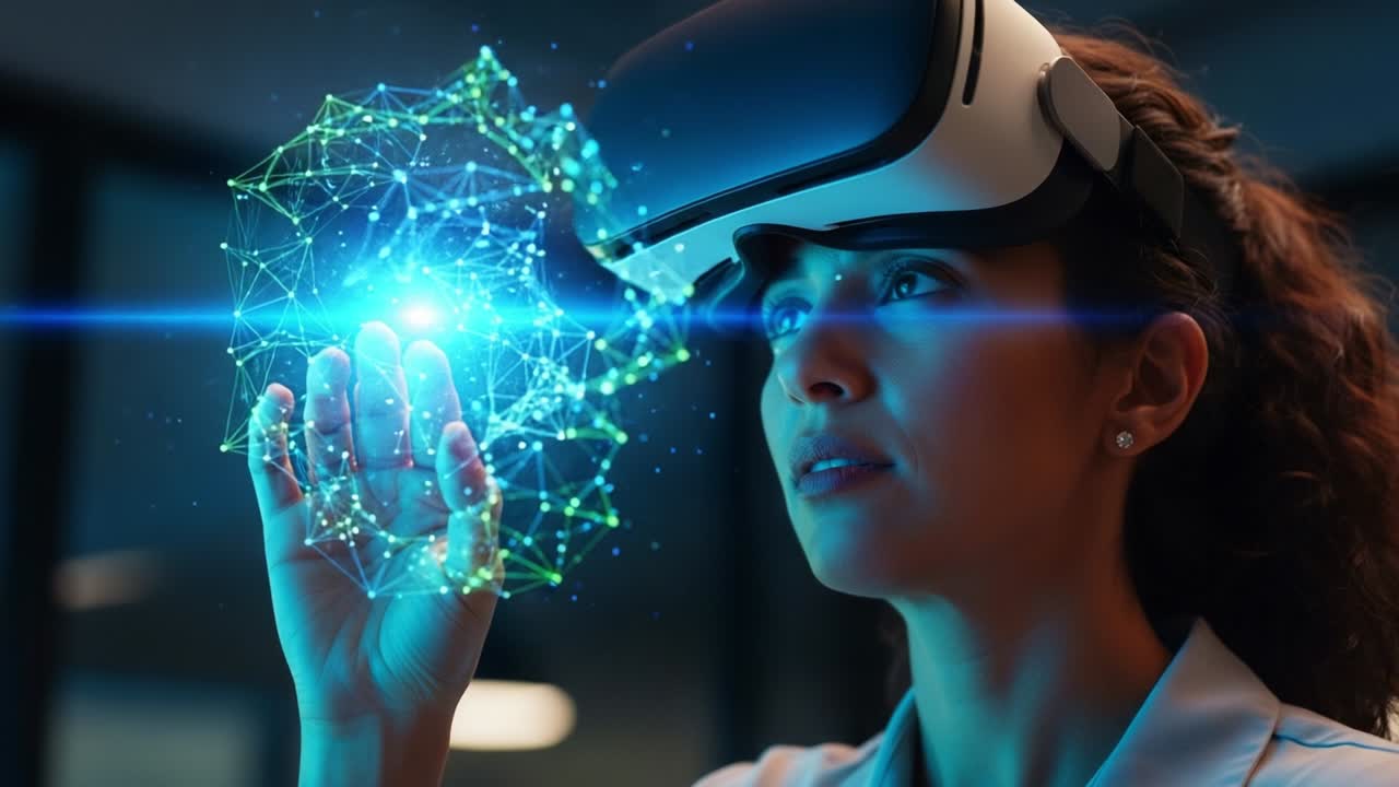 Exploring the Fusion of Technology and Imagination: A Woman Engaged in a Virtual Reality Experience, Holding a Holographic Display of Dynamic Light Patterns Representing Data and Innovation