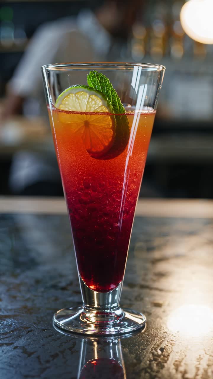 Close-up video shot of a vibrant cocktail with lime and mint garnish, captured at eye level