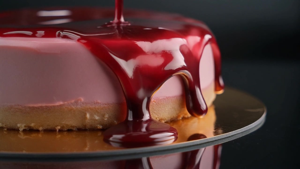 Glassa di frutti rossi versata su una torta mousse rosa