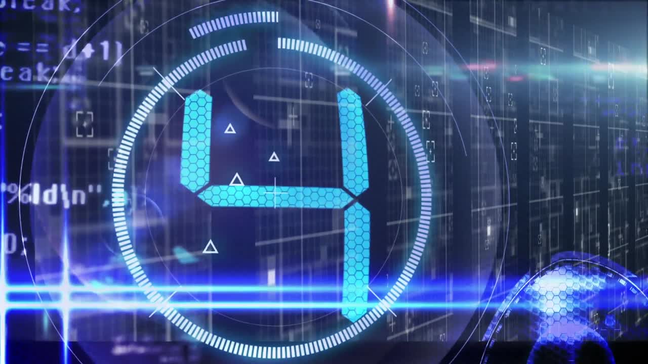 Animation of clock and data processing on blue background