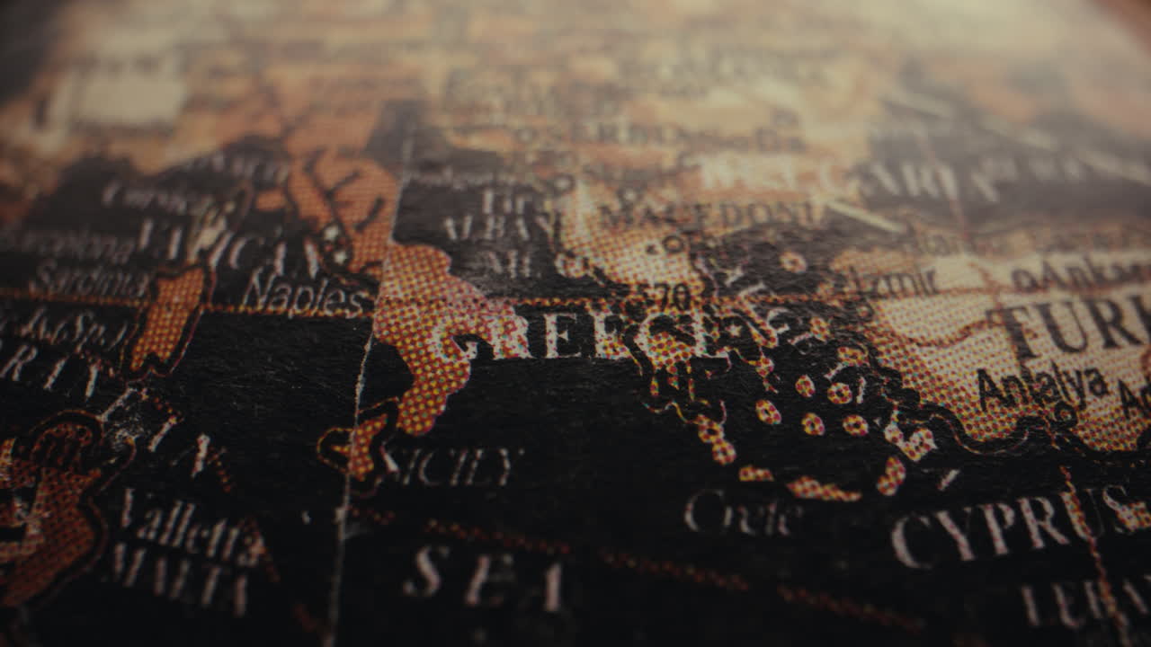 Close-up of a Vintage World Map Focusing on Greece