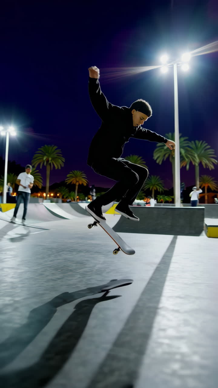 A person skateboarding at a night skate park