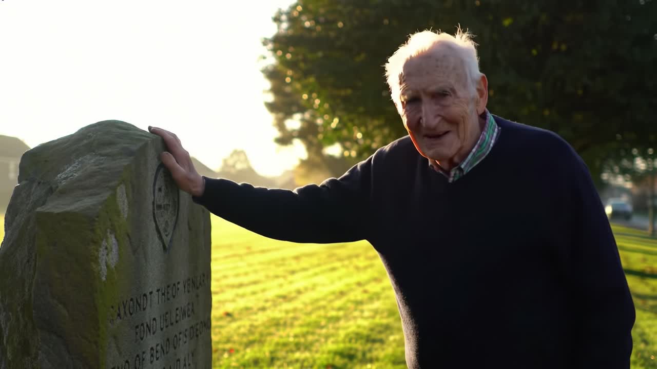 An Elderly Man Reflects with Emotion Beside a Historic Grave Marker, Embracing Memories in a Serene Outdoor Setting