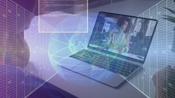 Viewer working, reaching for keyboard while business call launching 3D globe, UI moving over keys