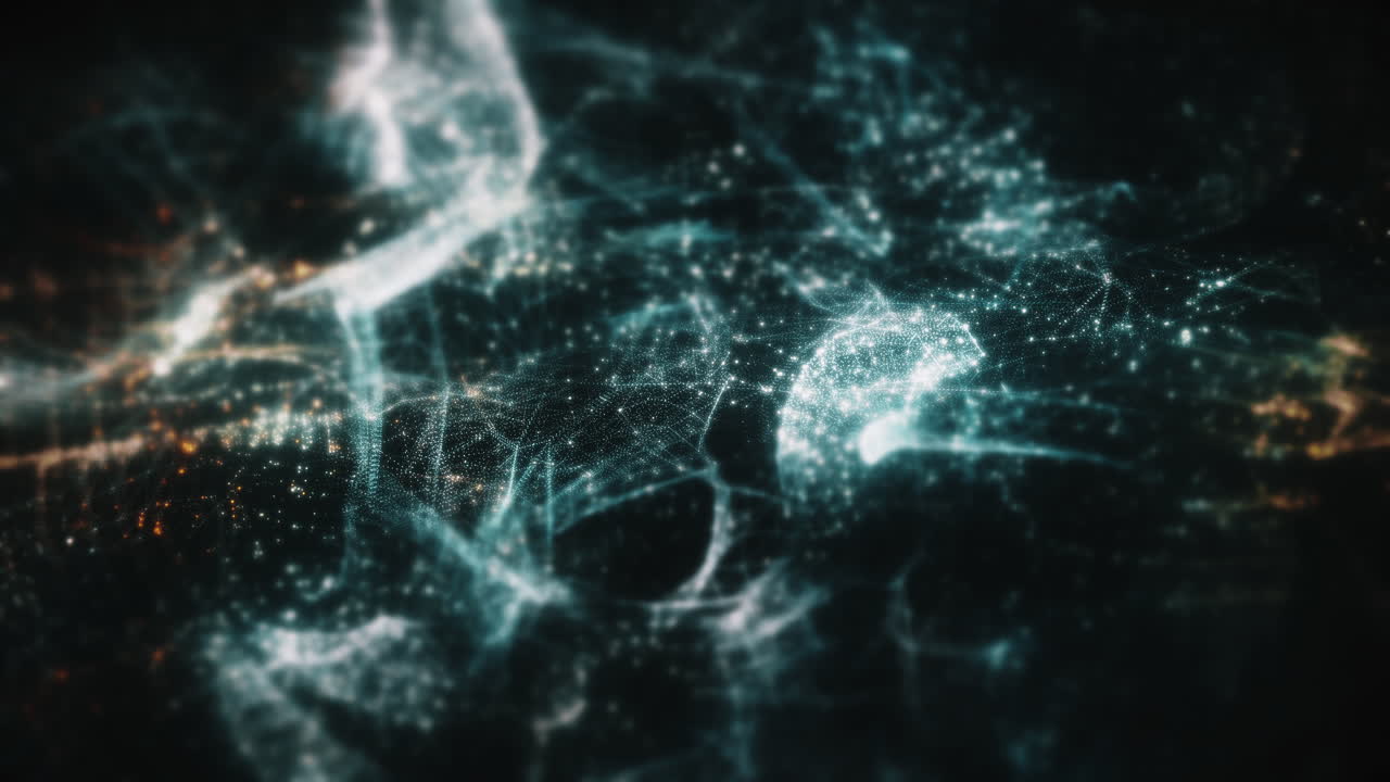 Particelle astratte cinematografiche sfocate in un ambiente di sfondo digitale nel cyberspazio
