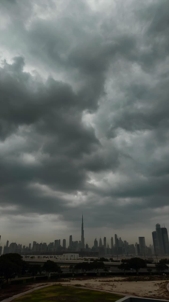 Time-lapse of an overcast sky over Dubai’s majestic skyline—nature meets modernity