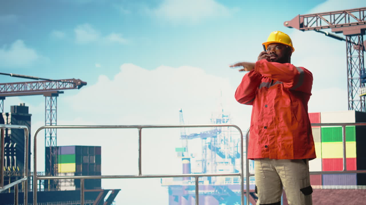 Vertical video Expert inspects integrity of offshore platform infrastructure, speaking in walkie talkie