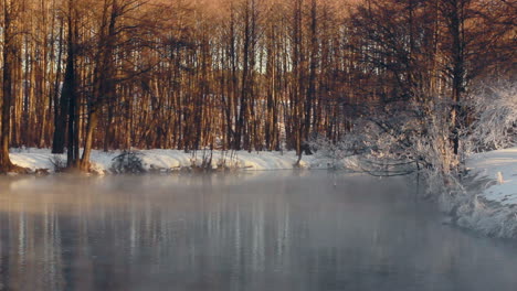 Winter-Wunderland.-Winterlandschaft.-Nebel-über-Dem-Waldfluss-Im-Winter