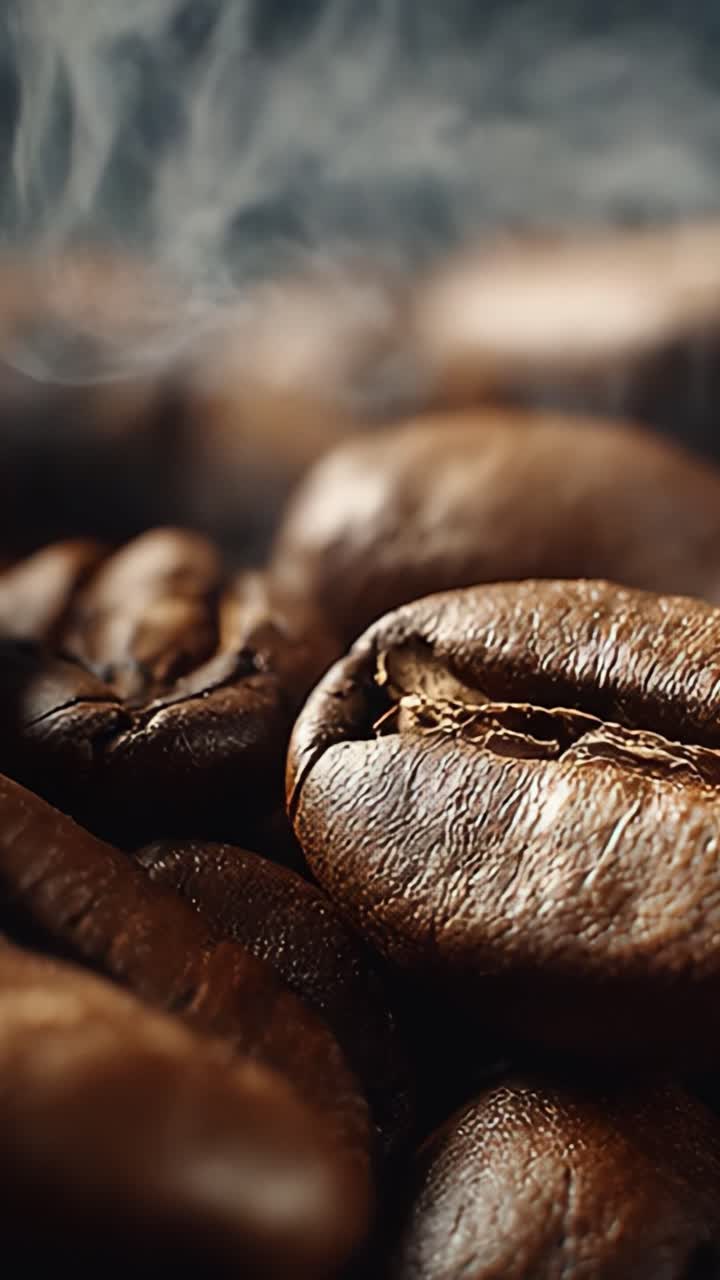 En nærbillede-udforskning af friskristede kaffebønner, der fanger deres blanke tekstur og aromatiske damp for at fremkalde den rige oplevelse af kaffenydelse