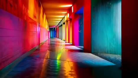 a long hallway with colorful walls and flooring