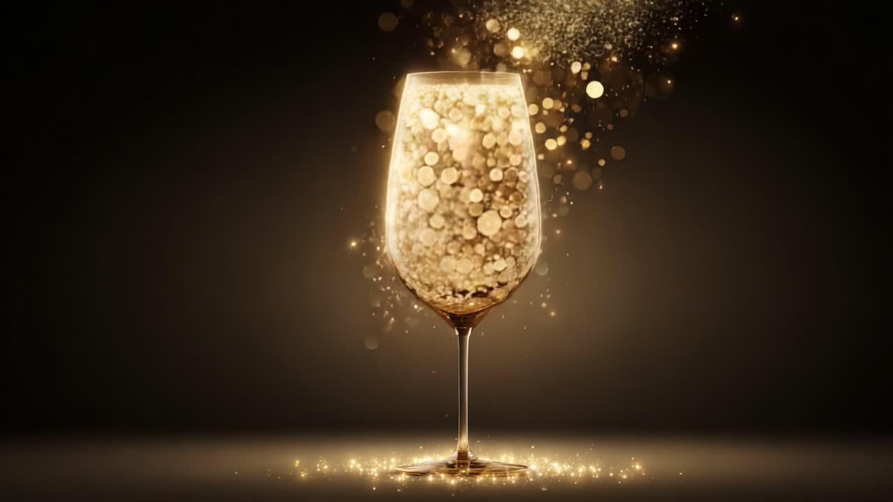 A Captivating Glimpse of Sparkling Elegance: A Glass Filled with Golden Glittering Bubbles, Radiating Joy and Celebration in a Magical Mist of Light and Sparkles