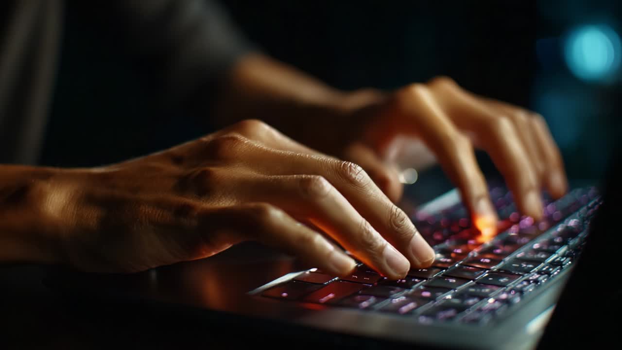 A Close-Up Perspective of Hands Typing on a Backlit Keyboard, Capturing the Intricate Movements and Light Reflections that Reflect the Intensity of Digital Communication in a Darkened Environment