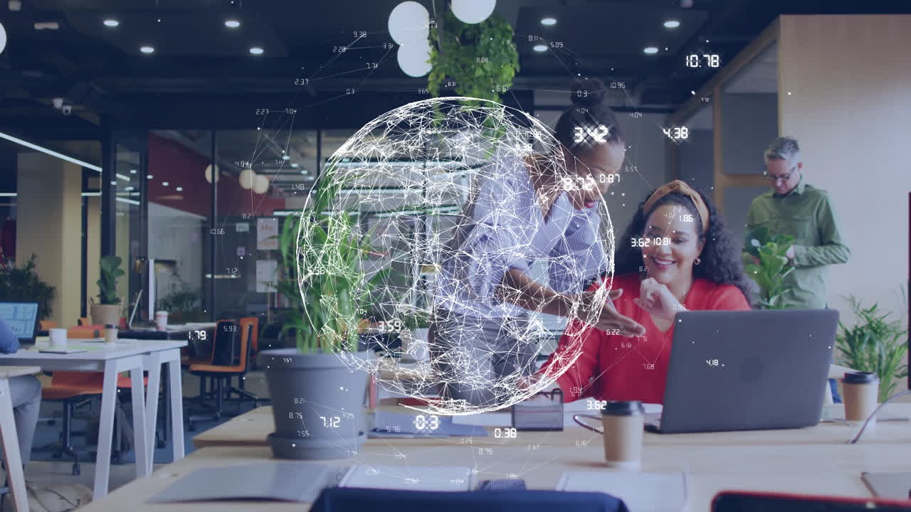 In office, diverse business people interacting with network and data processing animation